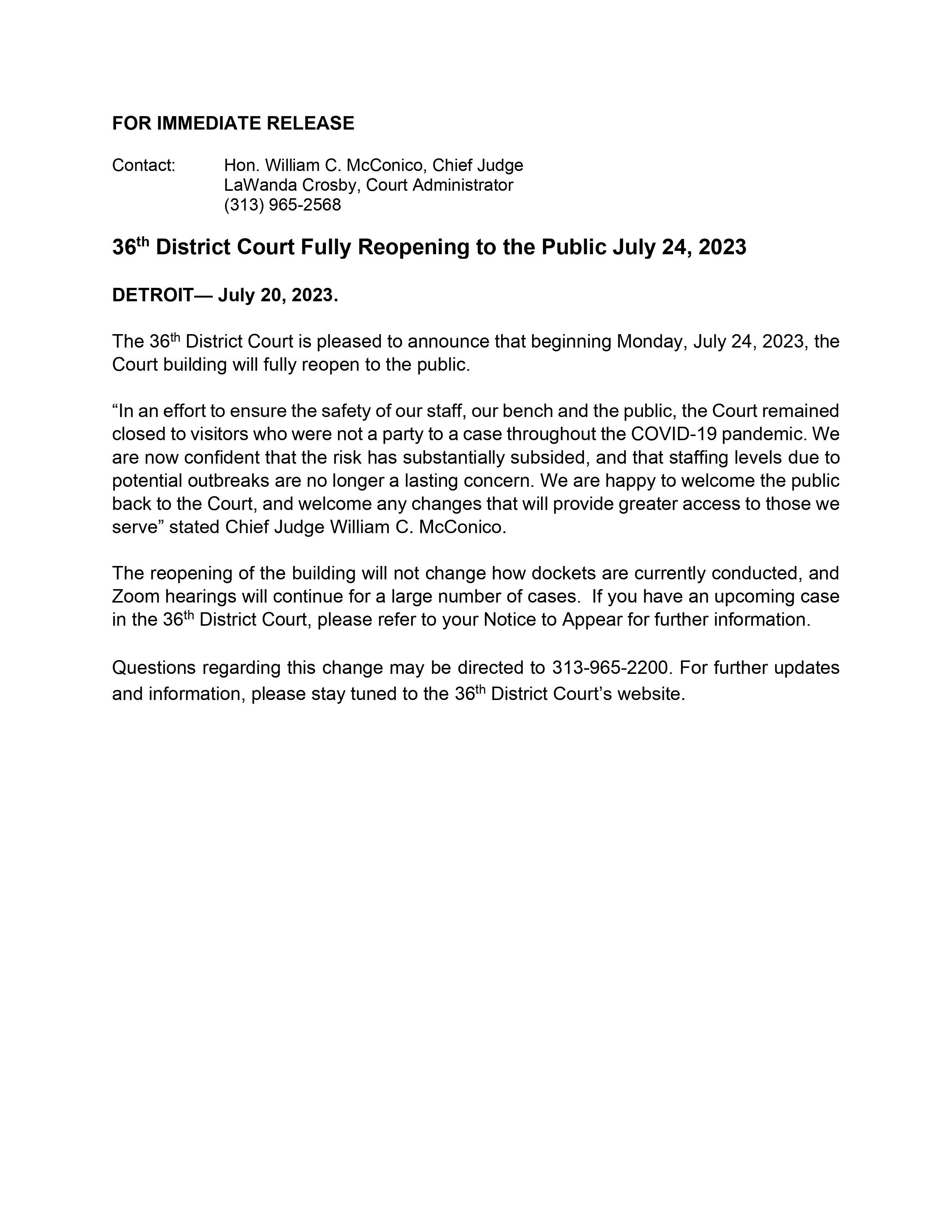 36th District Court Fully Reopening to the Public July 24 2023 36th District Court Fully Reopening to the Public July 24 2023